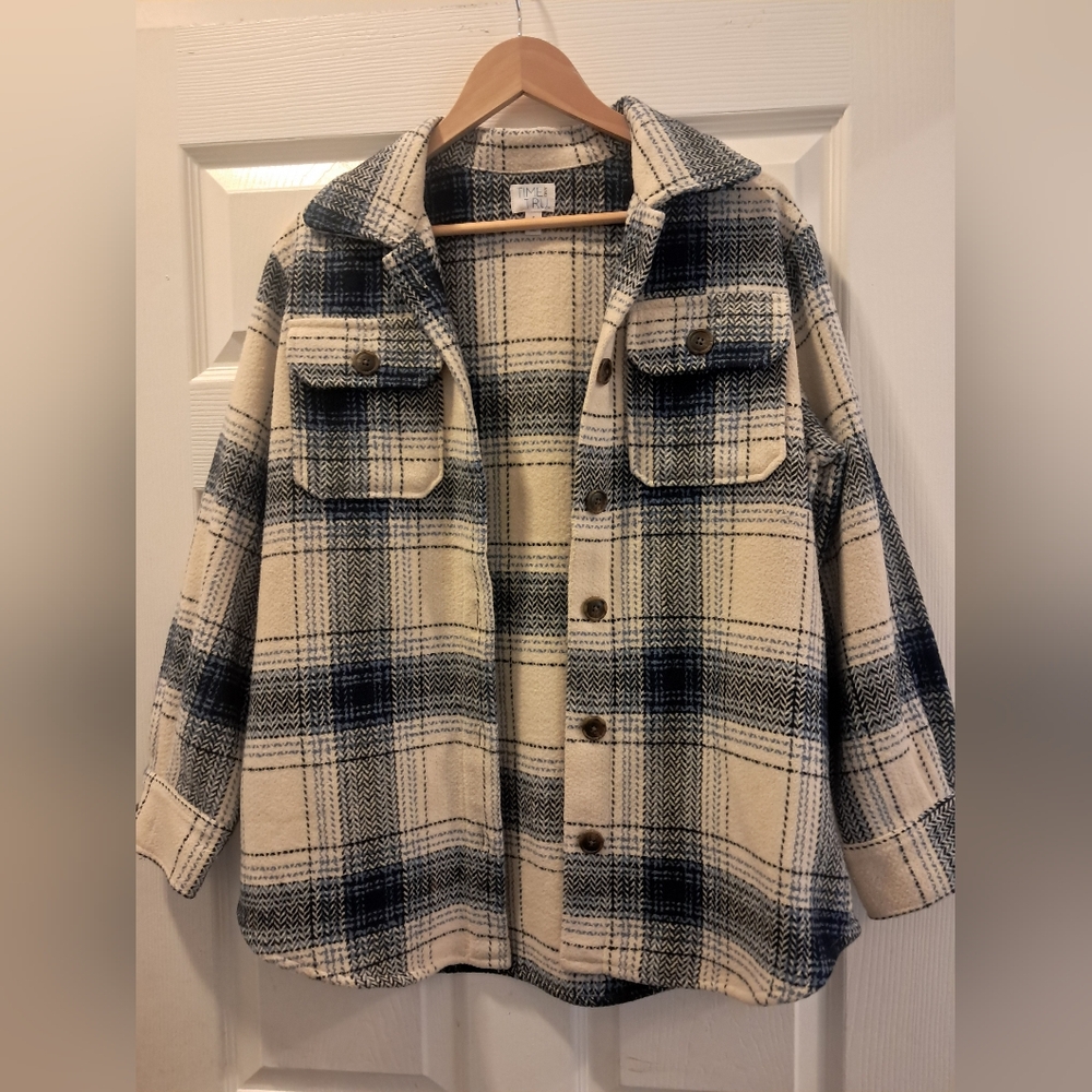 Time and Tru Cream and Navy Plaid Shacket